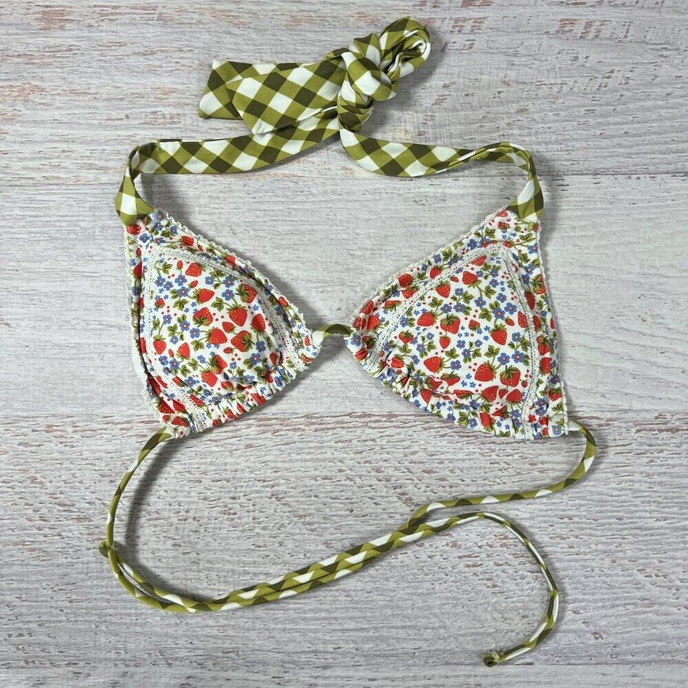 Linea Aqua Floral Strawberry Triangle Bikini Top Size S White Halter NWOT